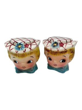 Vintage Salt & Pepper Set Two Girls Plaid Hats Ceramic Japan1950s